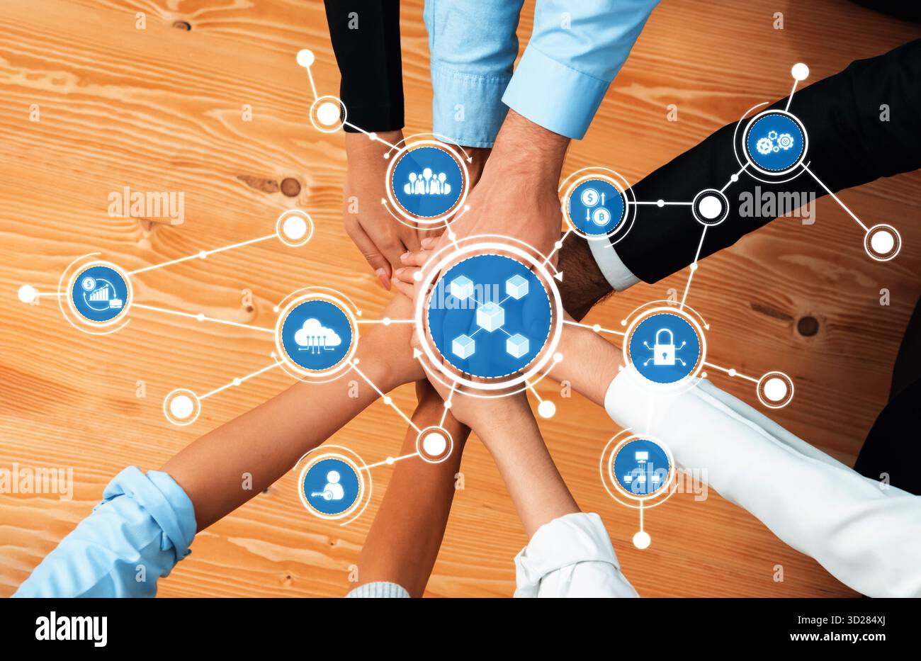 A vibrant scene depicting diverse hands joining together in teamwork ...