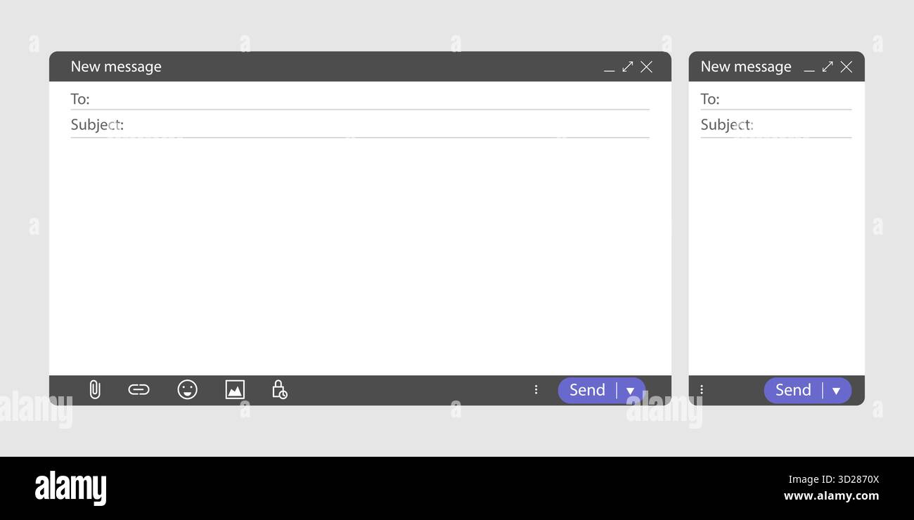 Computer and smartphone email screen mockup. Blank ui message window with empty text field and send button. Flat web layout concept for online office Stock Vector