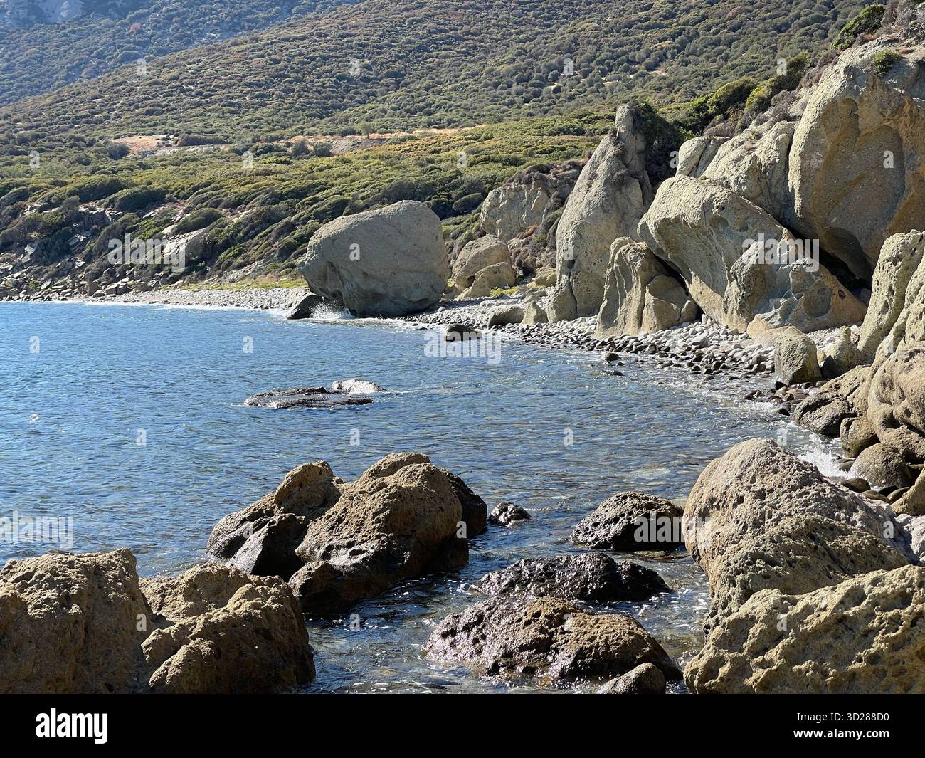 Petrota Beach Maronia Eastern Thrace Greece, rocky coast with blue sea, Mediterranean landscape - Smartphone Captured Stock Image