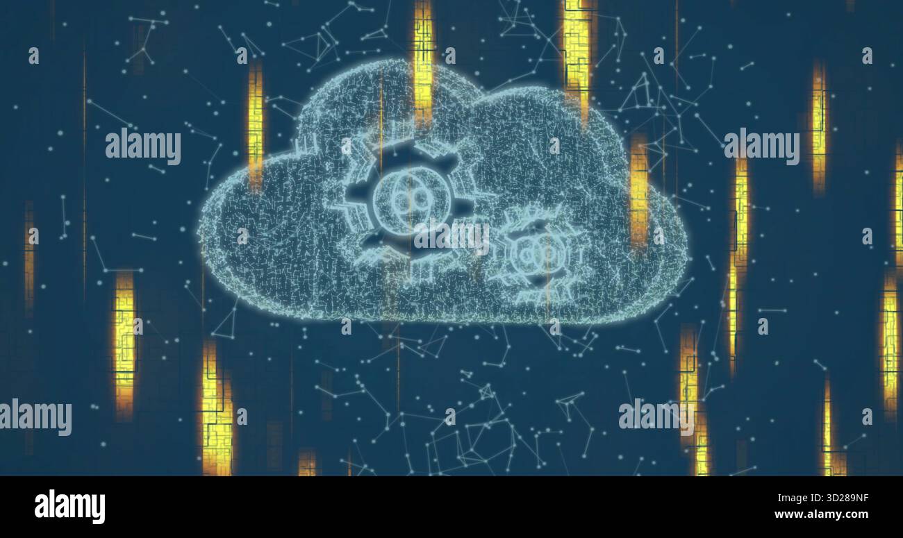 Displaying pixelated digital cloud icon processing data in virtual network space, with gear symbols Stock Photo