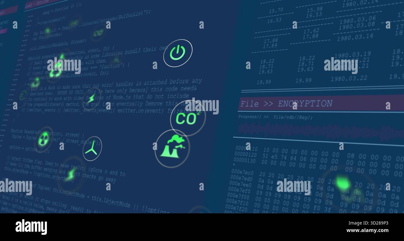 Displaying green energy icons hovering over code interface GUI, with encryption panel progress Stock Photo