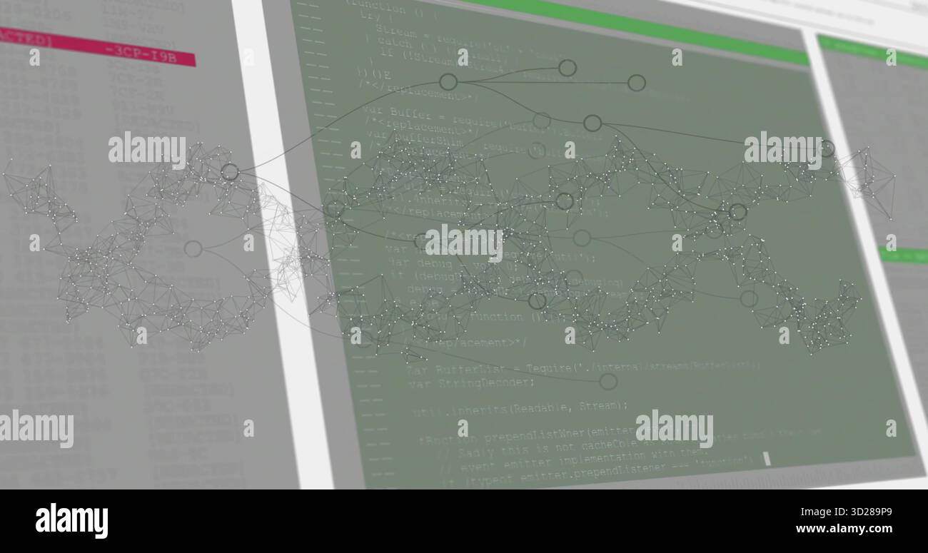 Translucent network graph overlay floating in workspace, with dual monitors displaying code editors Stock Photo