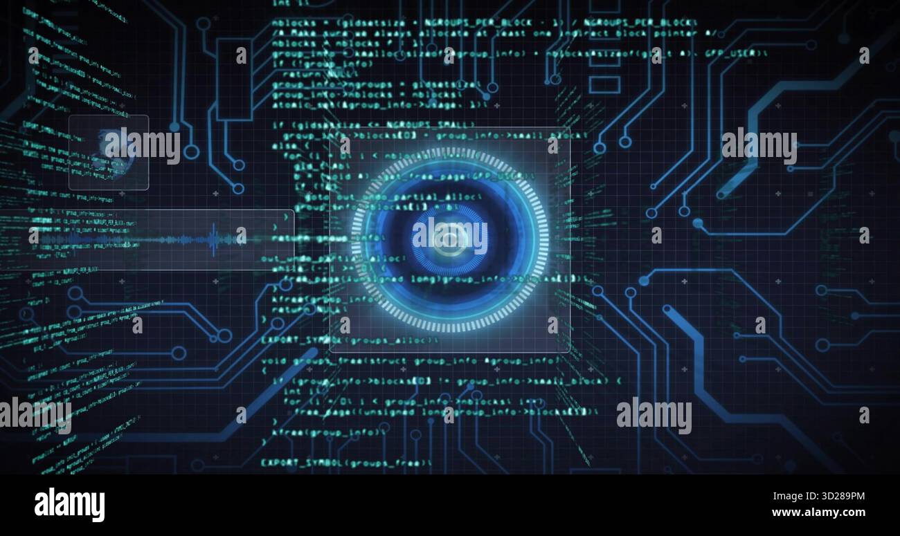Displaying central circular interface pulsing on digital dashboard, with code, traces and waveform Stock Photo