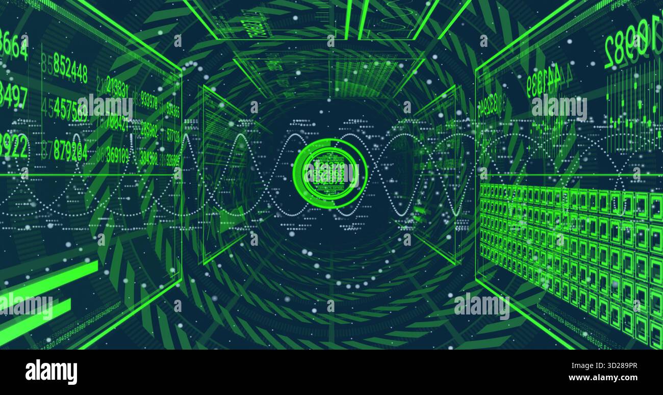 Glowing interface pulsing in virtual data tunnel, streaming numbers, waveforms, grids, particles Stock Photo