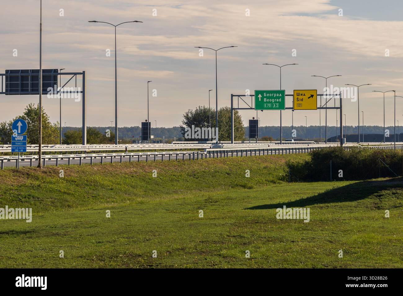 Serbia, October, 09 2025 Highway junction near id, Serbia directional signs to Belgrade Stock Photo