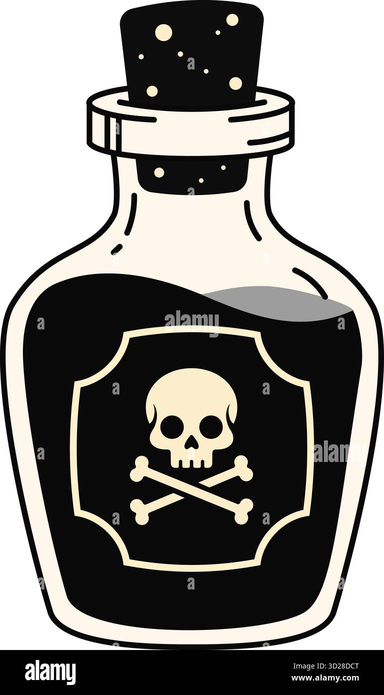 Stylized cartoon poison bottle featuring a black liquid, white