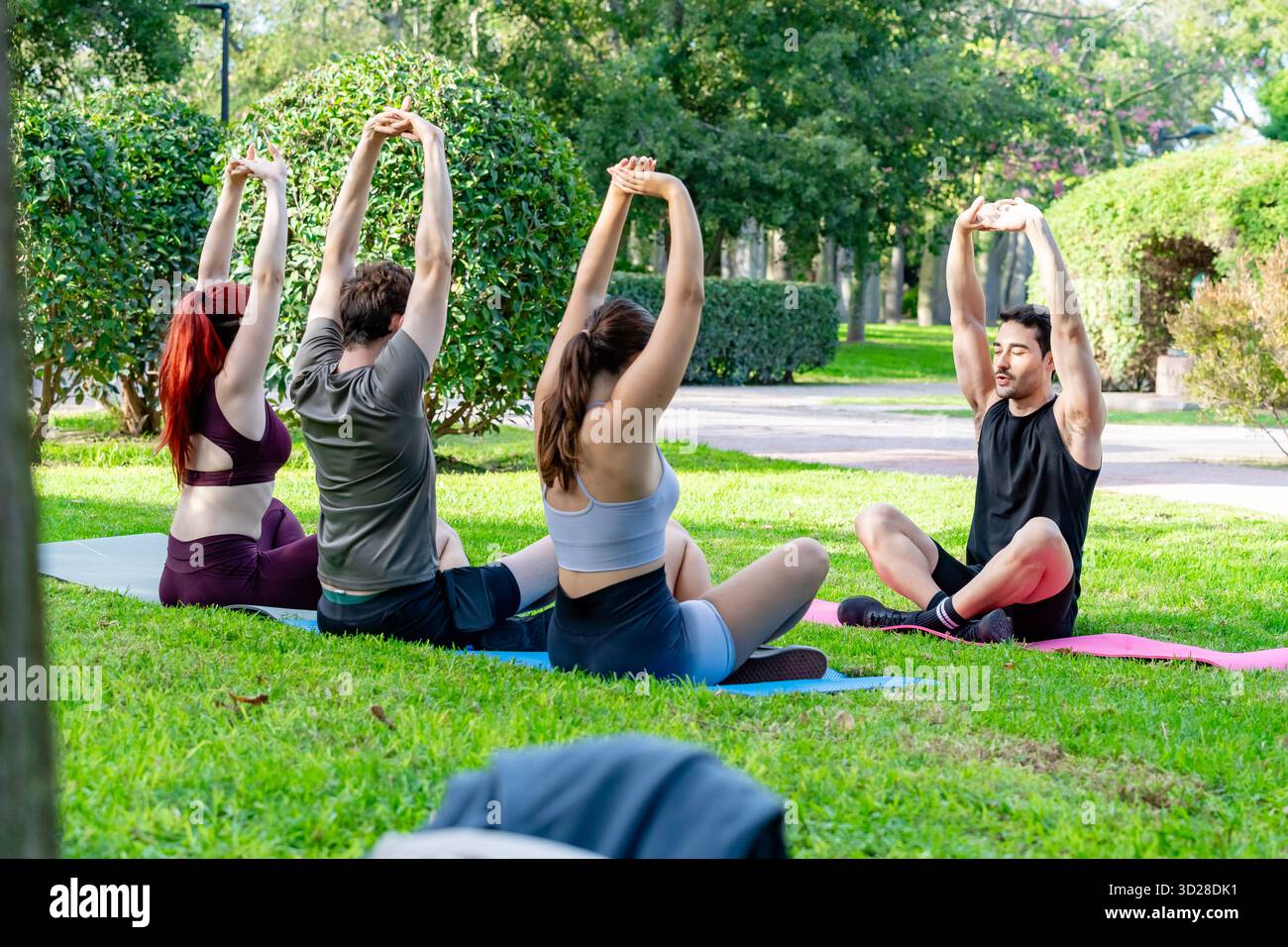 People stretching arms overhead during outdoor yoga class on grass Stock Photo