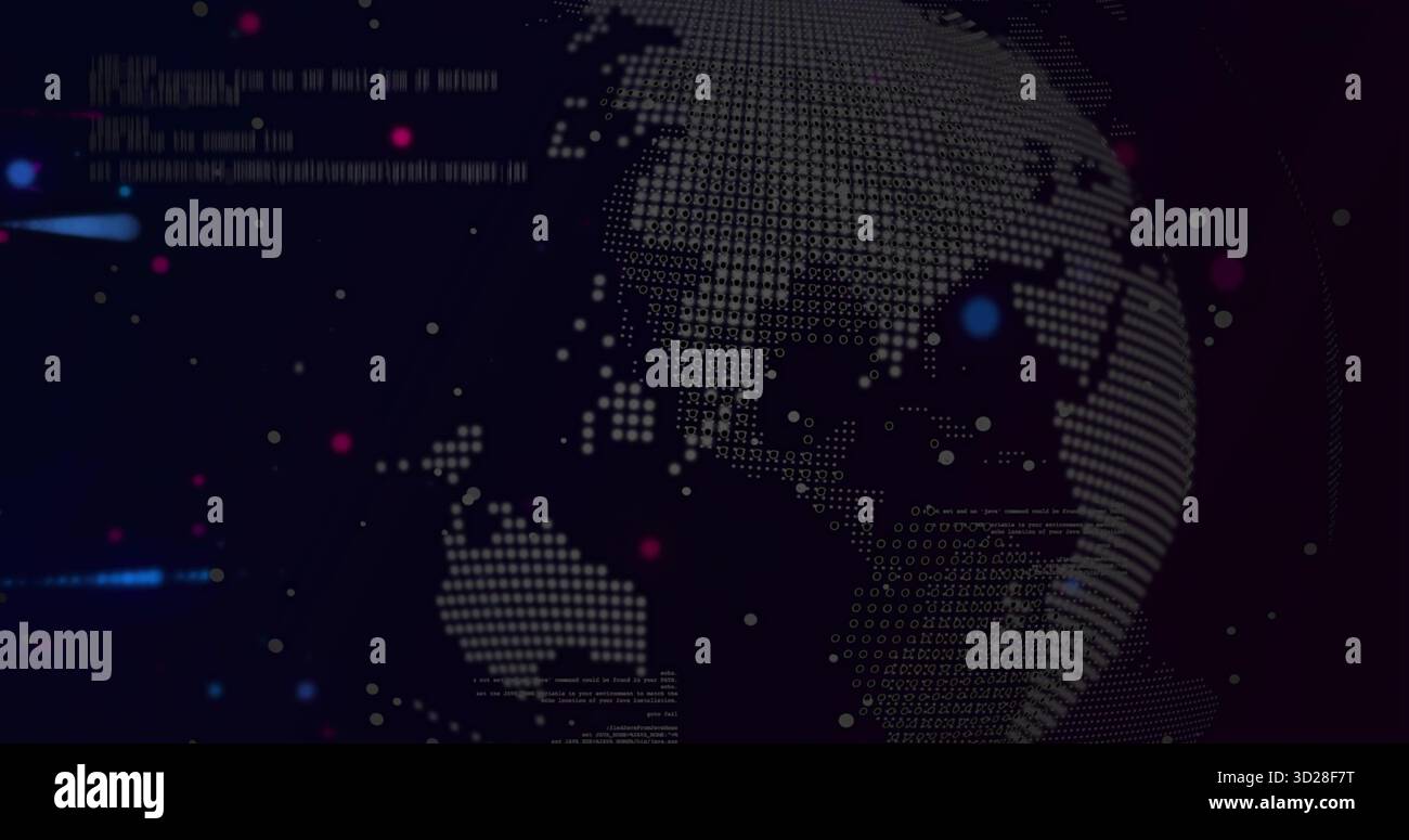 Displaying dot matrix globe rotating within dark data environment with binary code and colored dots Stock Photo
