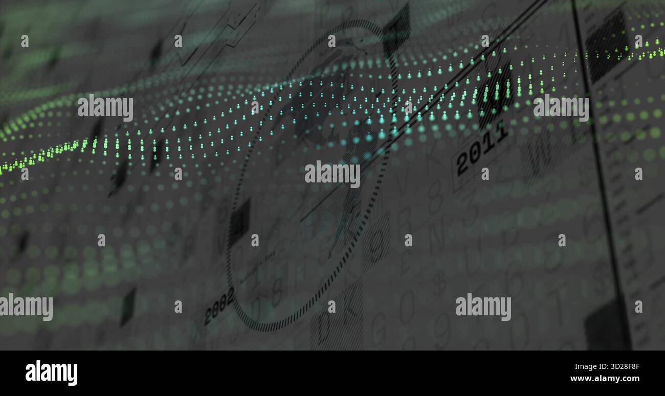 Displaying dotted circular chart with arrow and dot waves on virtual dashboard, with data markers Stock Photo