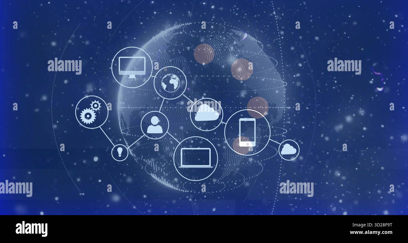 Connecting computer, smartphone, laptop and cloud icons over dotted ...