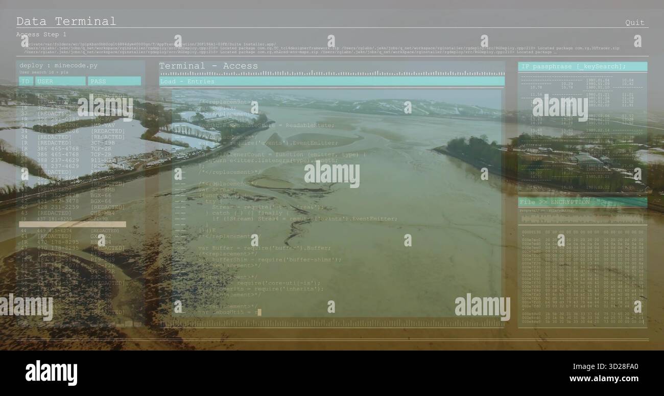 Displaying translucent interface overlaying estuary mudflats, with code window and passphrase input Stock Photo