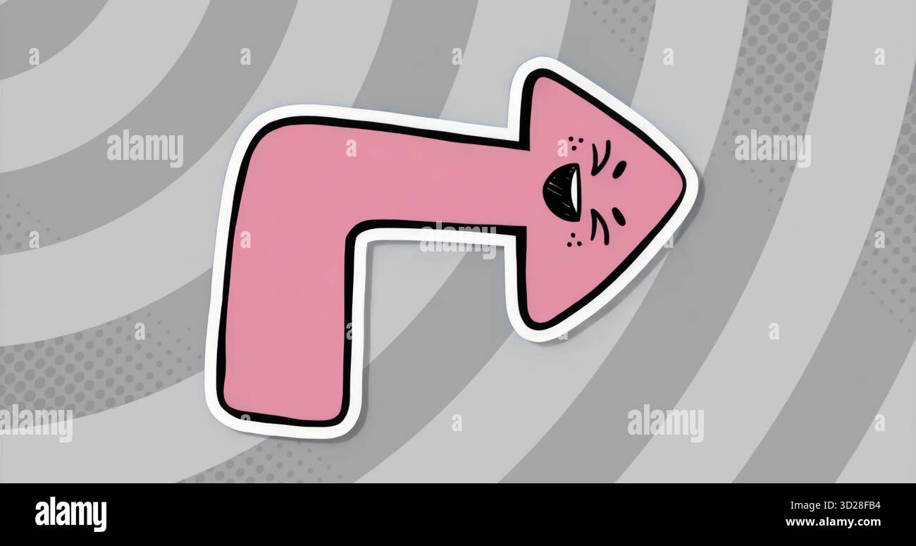 Pointing pink arrow showing surprised expression against grey concentric backdrop, halftone texture Stock Photo