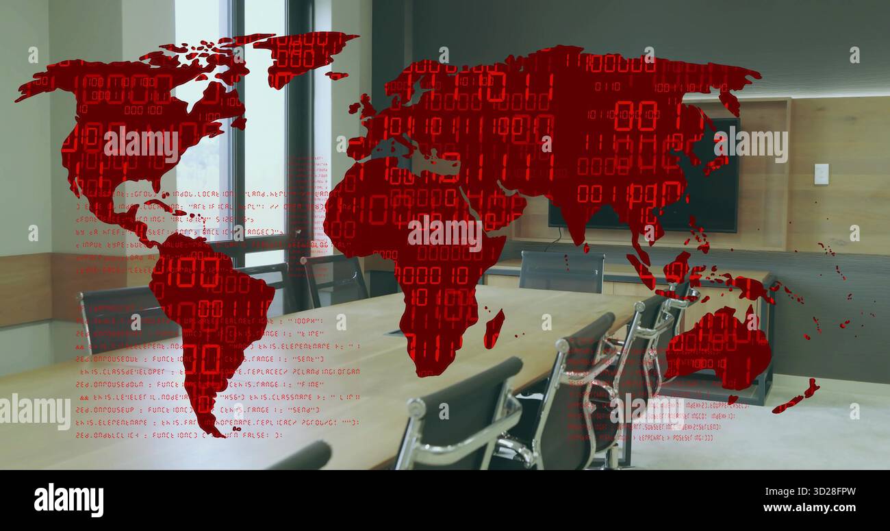 Displaying red world map overlay with binary code across conference table and windows in boardroom Stock Photo