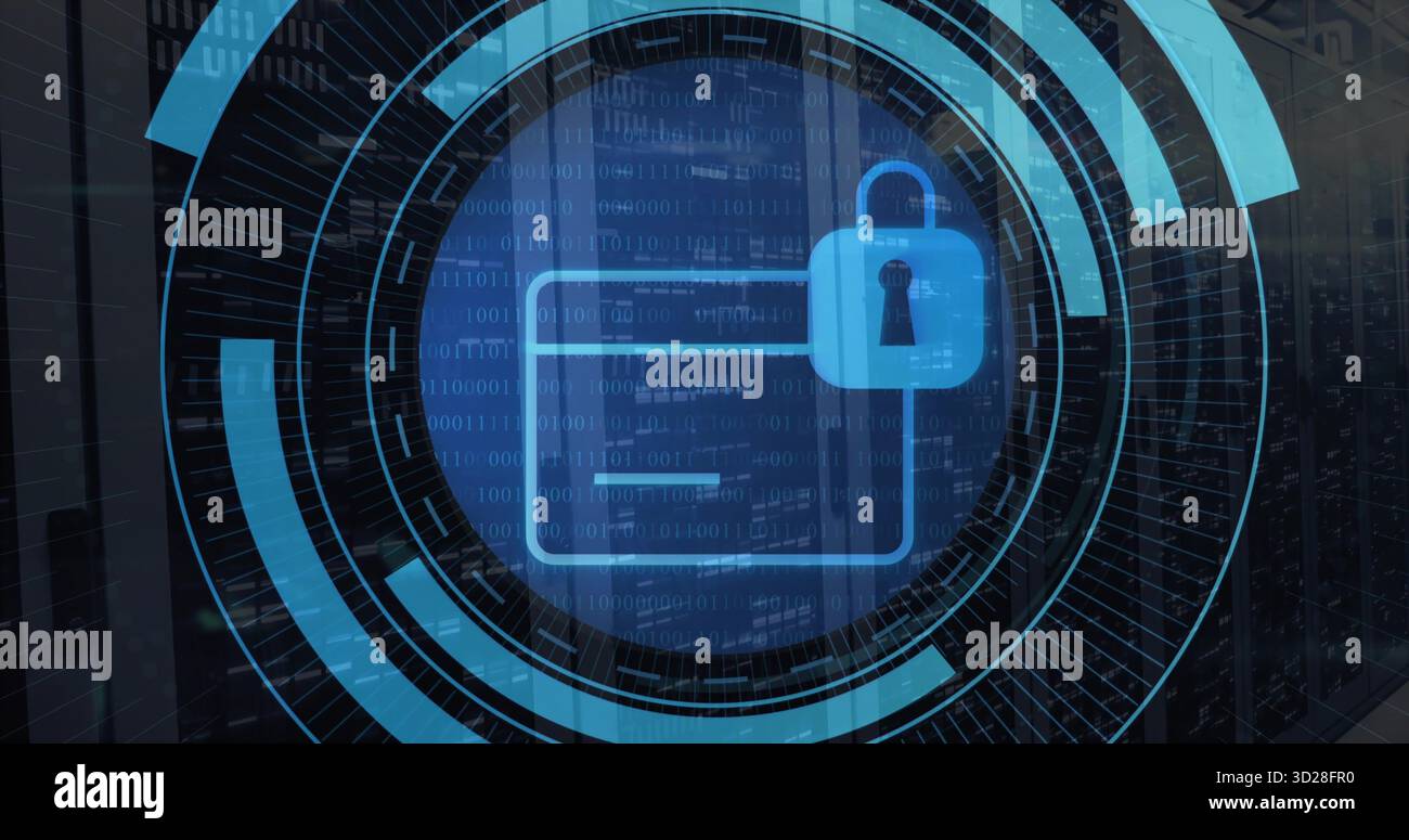 Displaying folder icon securing data on server racks, with padlock symbol, arcs and binary overlay Stock Photo