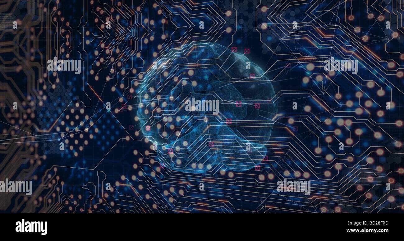 Projecting holographic brain displaying circuit traces and glowing data points in virtual space Stock Photo