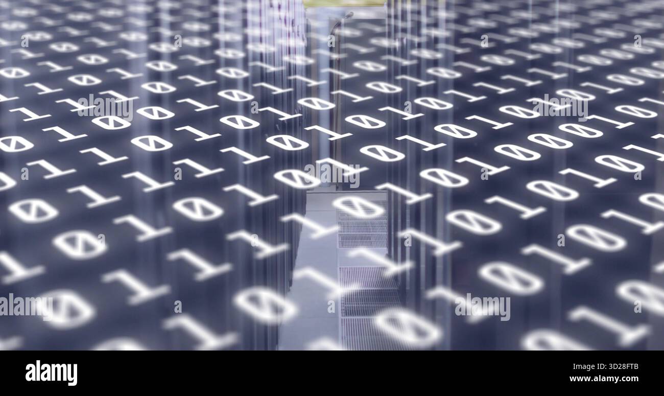 Glowing central aisle showcasing blinking server racks in data center, with binary code overlay Stock Photo