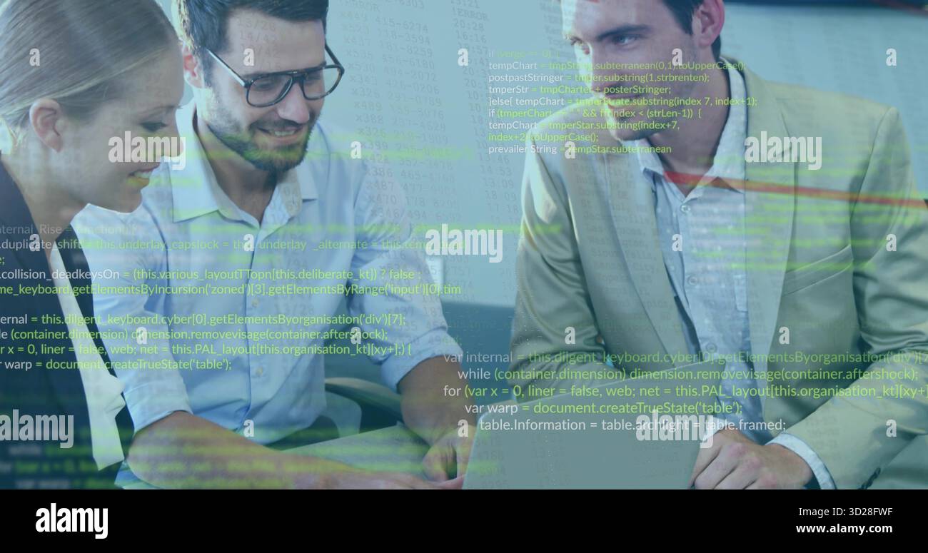 Three developers in business casual reviewing code in office, with laptop and code projection Stock Photo
