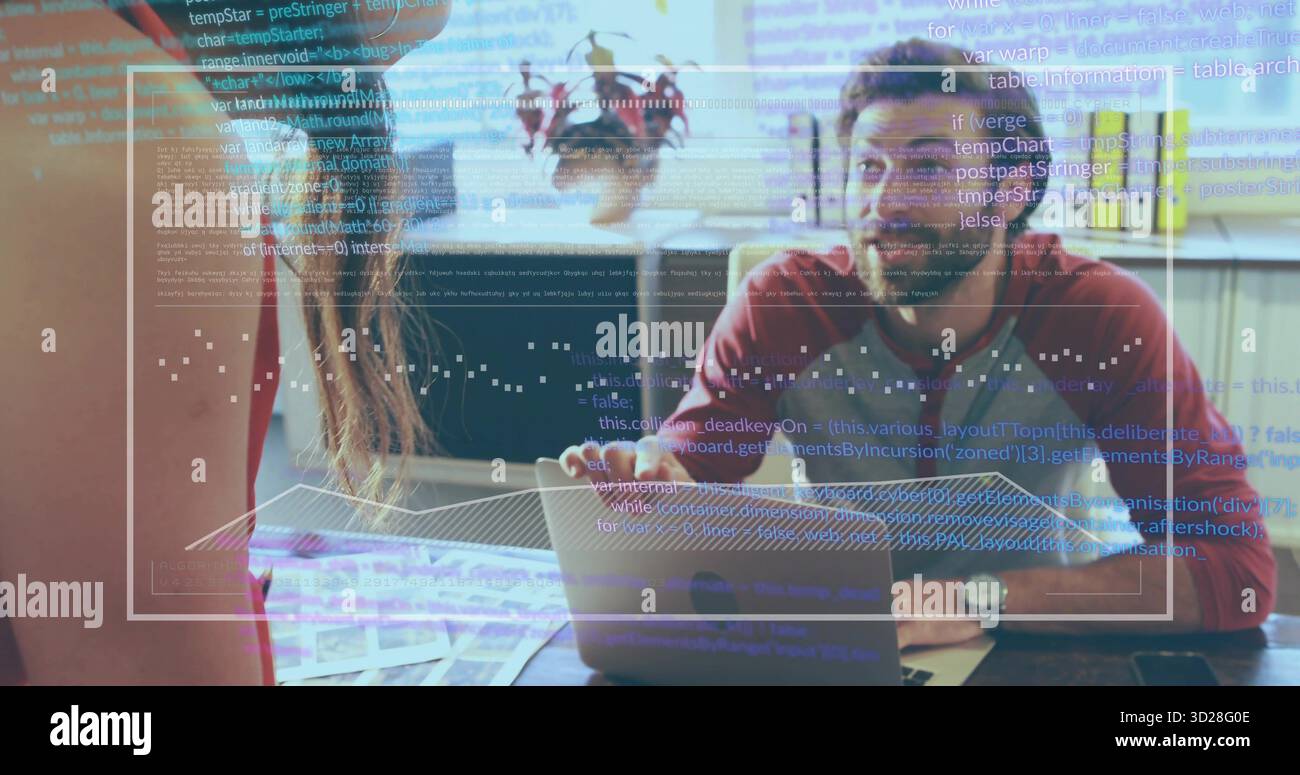 Debugging code woman in red blouse, raglan-shirted man at office desk with laptop, code sheets Stock Photo