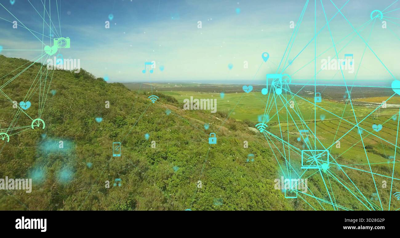 Displaying cyan connectivity mesh overlaying hillside and farmland ...