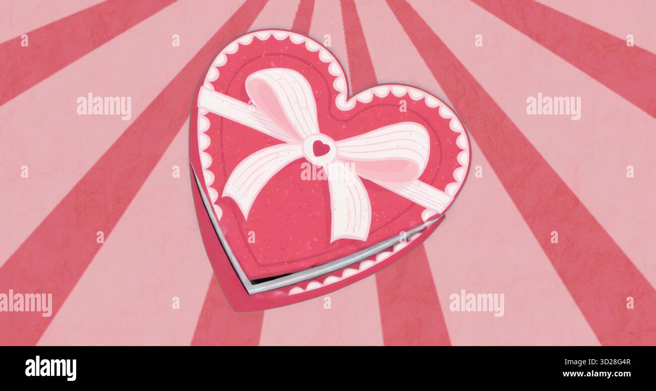 Displaying red heart-shaped gift box tied with white ribbon on pink radial backdrop, romance theme Stock Photo