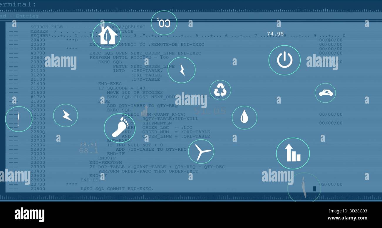 Showing floating icons representing energy sustainability on computer terminal, with scrolling code Stock Photo