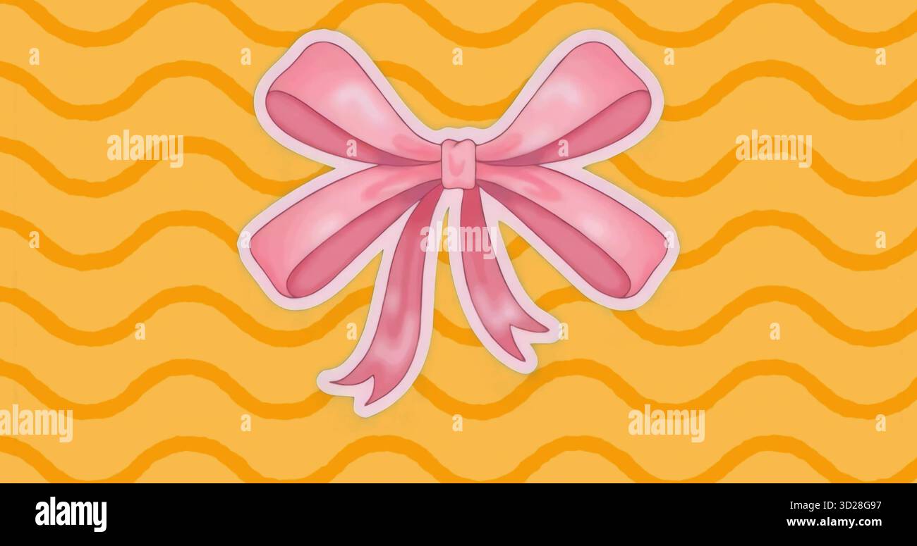 Presenting stylized pink ribbon bow on yellow-orange backdrop, with repeating wavy stripe pattern Stock Photo