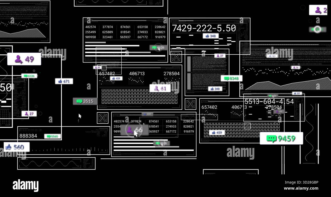 Displaying digital analytics interface on screen, showing dashboard panels, code windows, icons Stock Photo