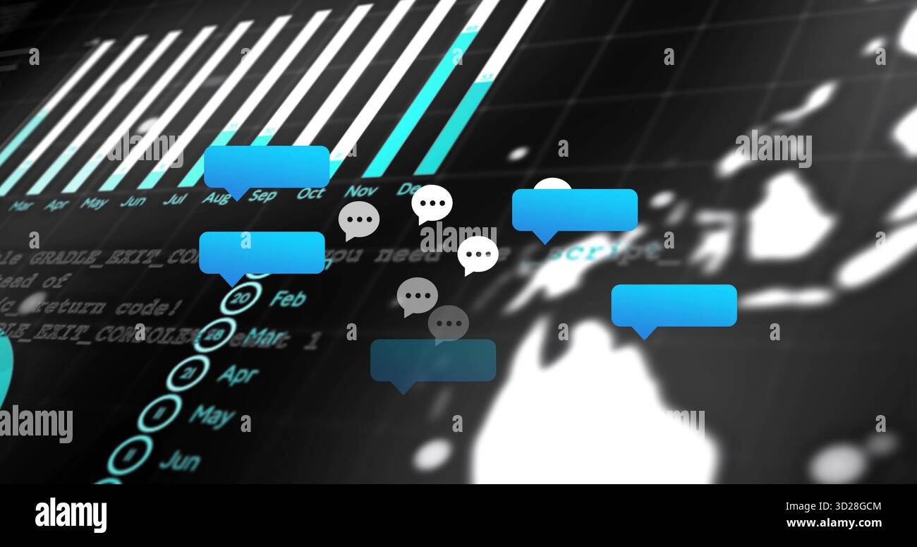 Displaying blue white speech icons floating on screen with bar chart month list code map silhouette Stock Photo