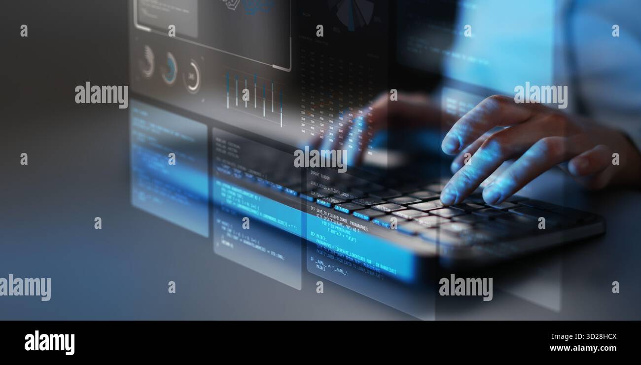 Artificial Intelligence and Data Analytics Dashboard with Neural Network Visualization. Stock Photo