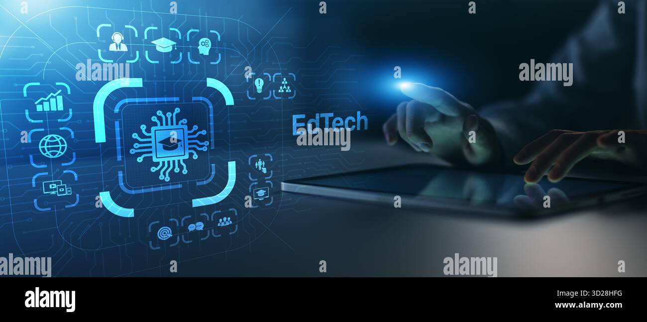 EdTech Innovation and Digital Learning Transformation Illustrated on Virtual Interface. Stock Photo