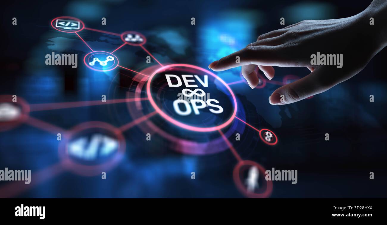 DevOps Development and Operations Integration for Efficient Delivery, projection on a virtual screen, Business and Technology Concept. Stock Photo