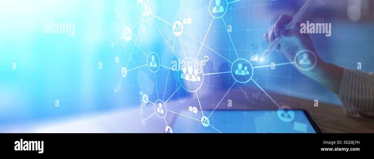 Global Business Networking and Communication Visualized on a Futuristic Digital Interface. Stock Photo