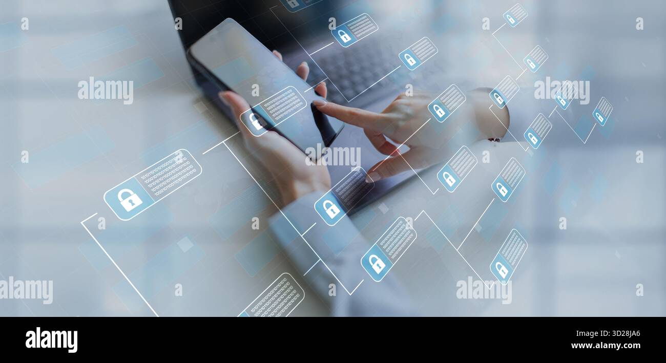 ata Encryption and Cybersecurity Technology Concept Illustrated on VIrtual Screen. Stock Photo