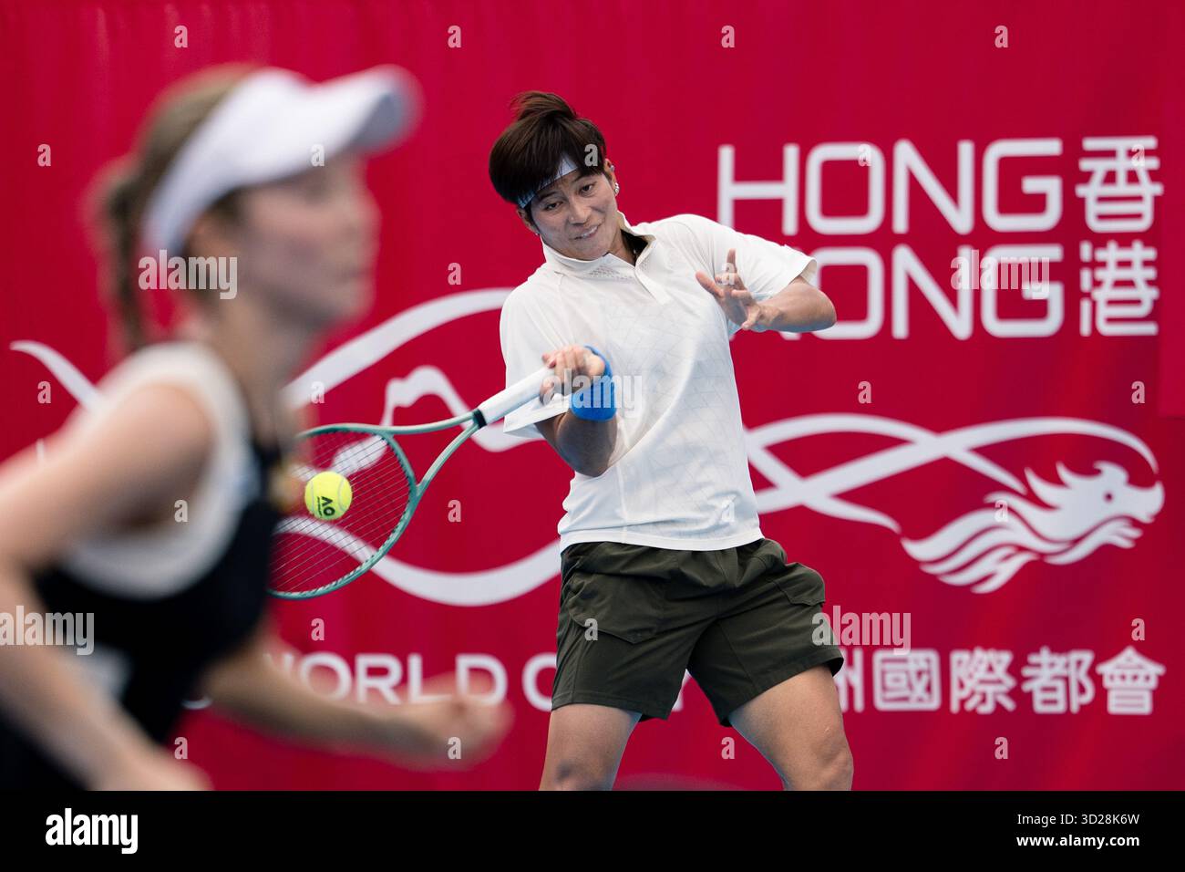 Momoko Kobori of Japan and Peangtarn Plipuech of Thailand play against Kamilla Rakhimova and Aliaksandra Sasnovich of Russiaduring WTA250 Prudential Hong Kong Open 2025 in Victoria Park, Hong Kong Stock Photo