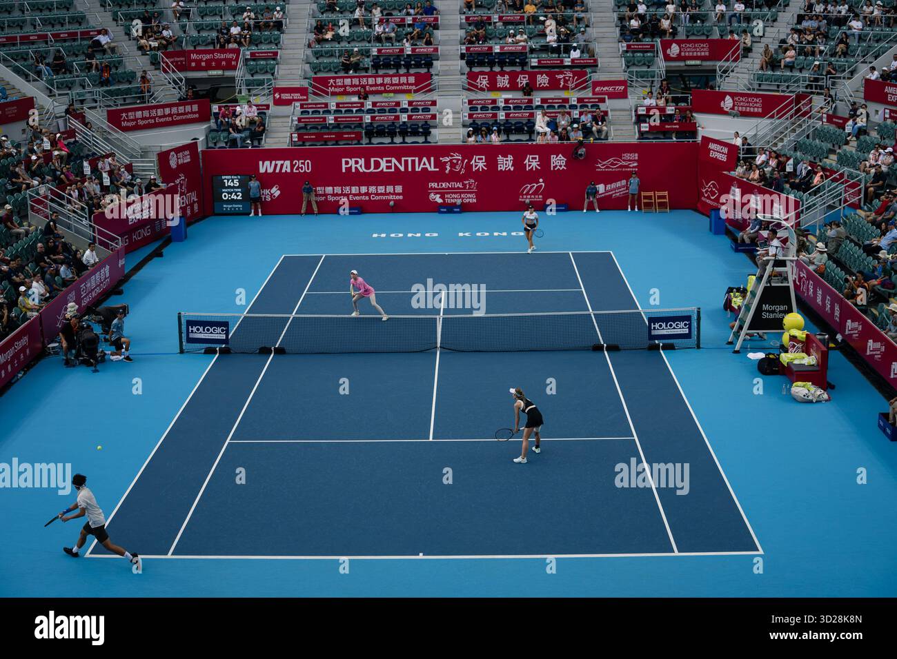 Momoko Kobori of Japan and Peangtarn Plipuech of Thailand play against Kamilla Rakhimova and Aliaksandra Sasnovich of Russiaduring WTA250 Prudential Hong Kong Open 2025 in Victoria Park, Hong Kong Stock Photo