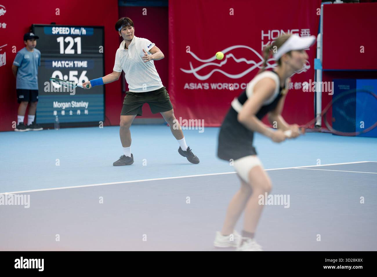 Momoko Kobori of Japan and Peangtarn Plipuech of Thailand play against Kamilla Rakhimova and Aliaksandra Sasnovich of Russiaduring WTA250 Prudential Hong Kong Open 2025 in Victoria Park, Hong Kong Stock Photo