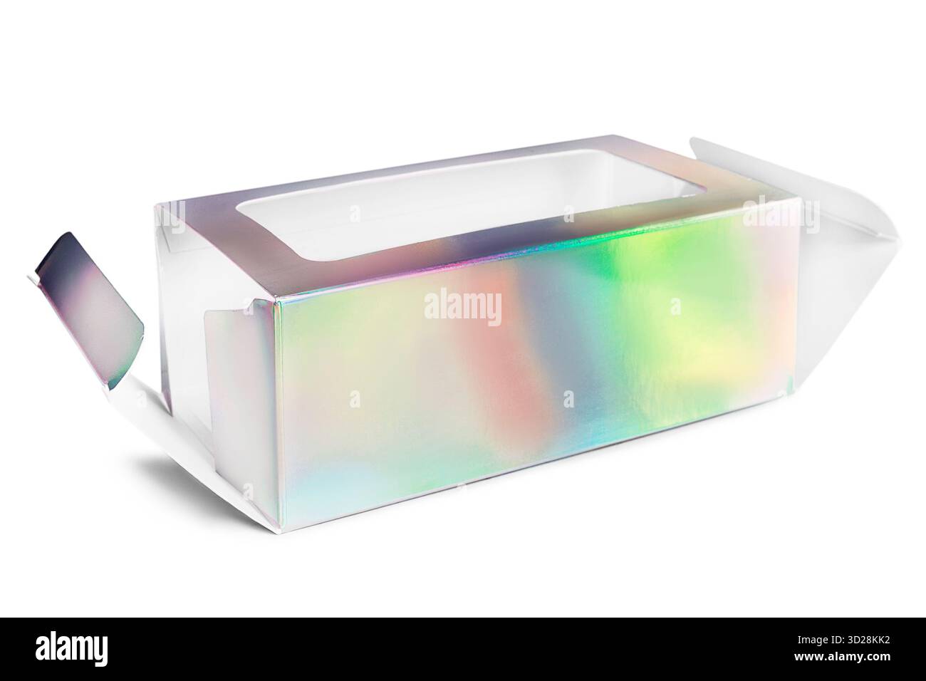 Holographic paper opened package box isolated on white background Stock Photo