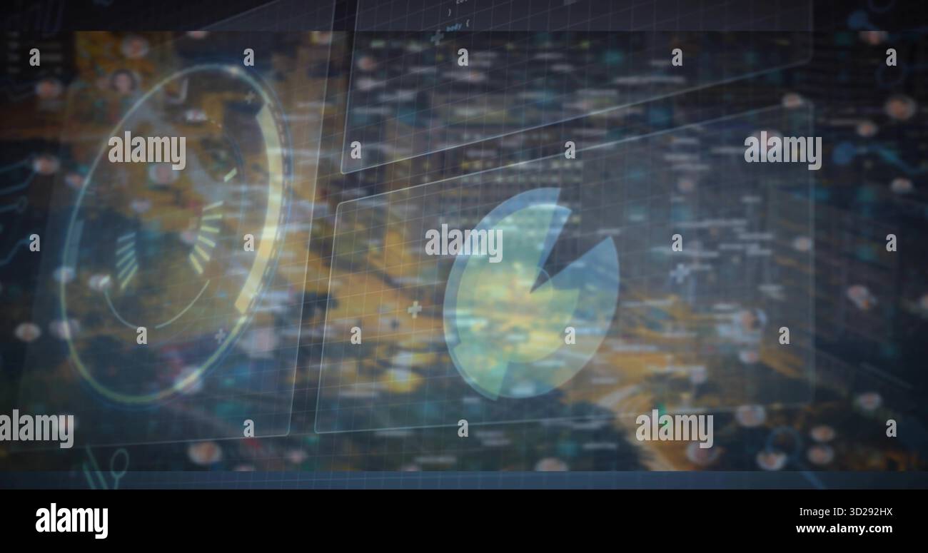 Displaying glowing pie-chart panel over night skyline with panels, gauge widget, data points, lines Stock Photo