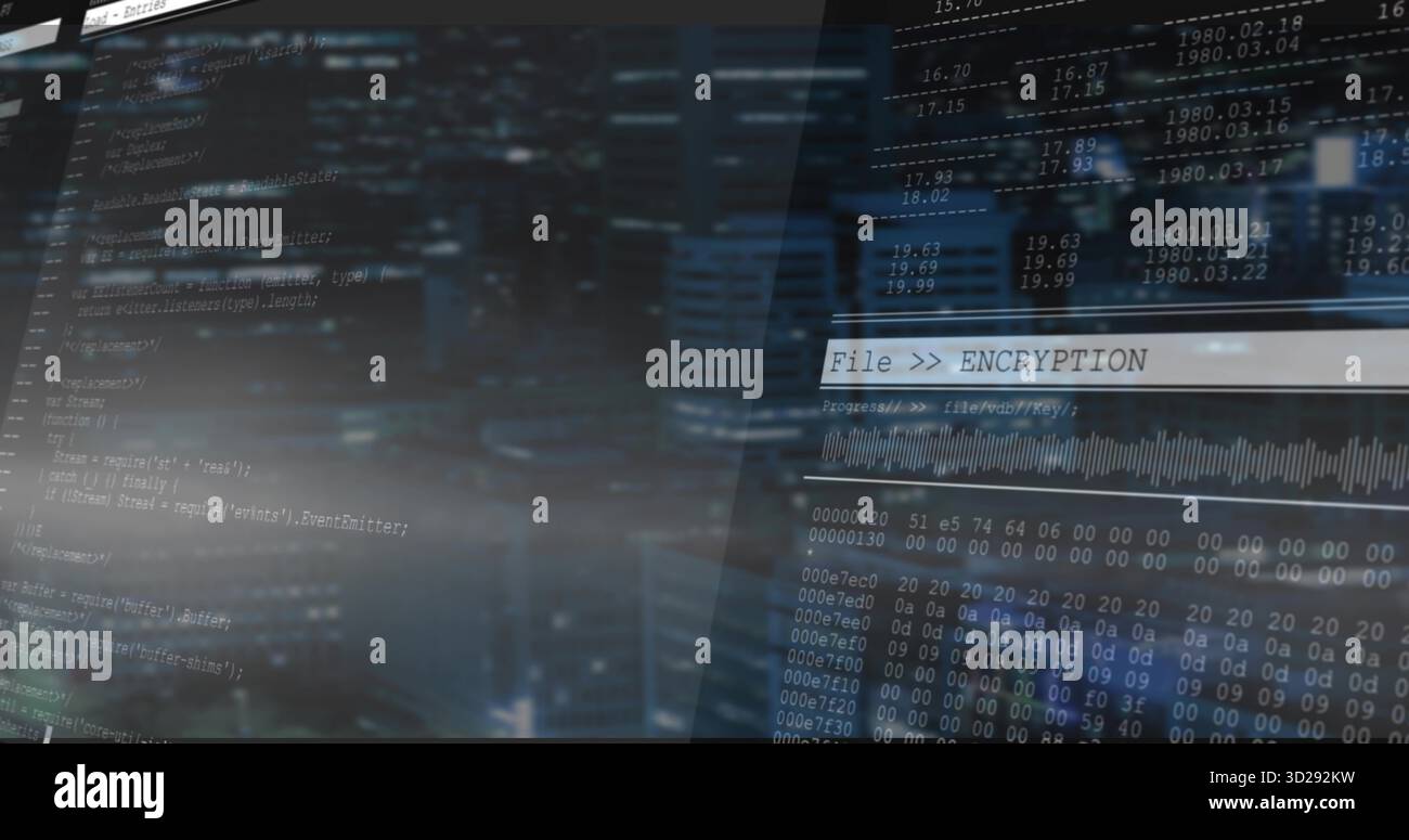 Displaying encryption interface with scrolling script and hex dump over blurred night skyline Stock Photo