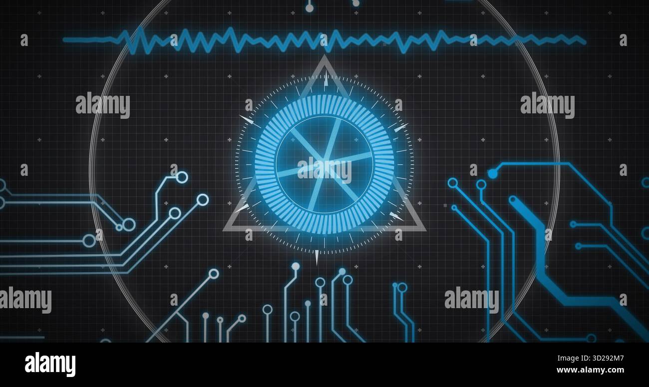 Displaying central HUD element over grid backdrop with triangle frame, waveform and circuit traces Stock Photo