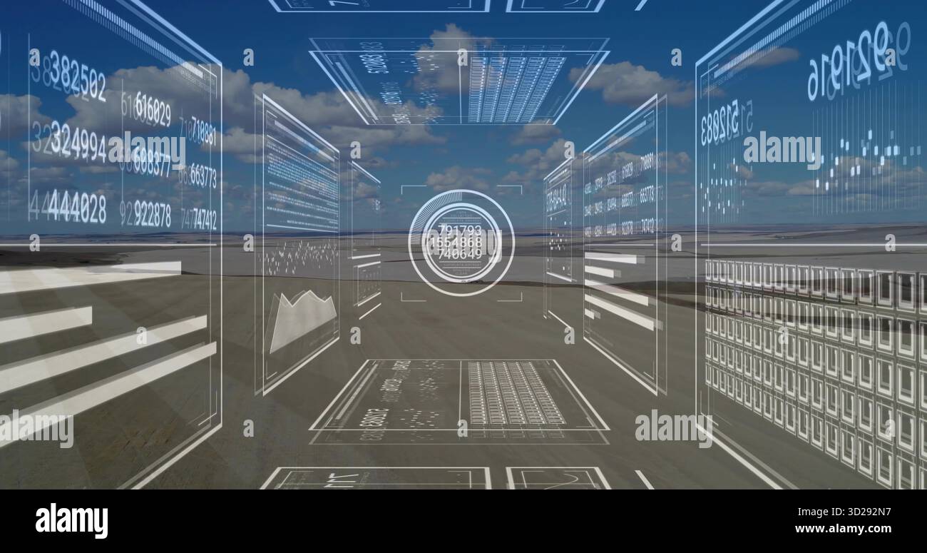 Floating holographic interface panels projecting numerical data over vast barren plain, with graphs Stock Photo