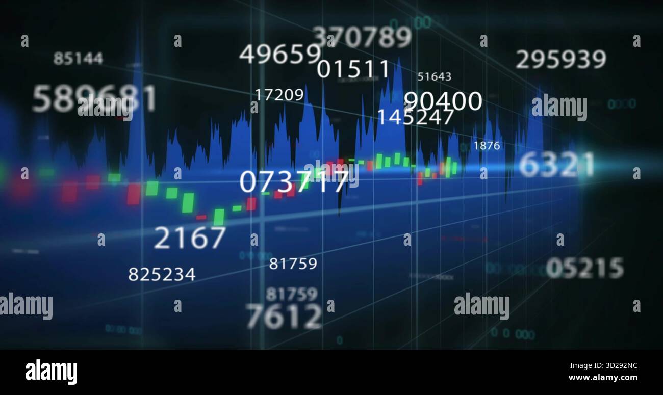 Displaying blue screen featuring glowing candlestick bars and blue line graph, with numeric labels Stock Photo