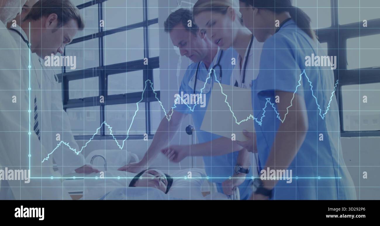 Monitoring patient on gurney by medical team among grid windows, with ...