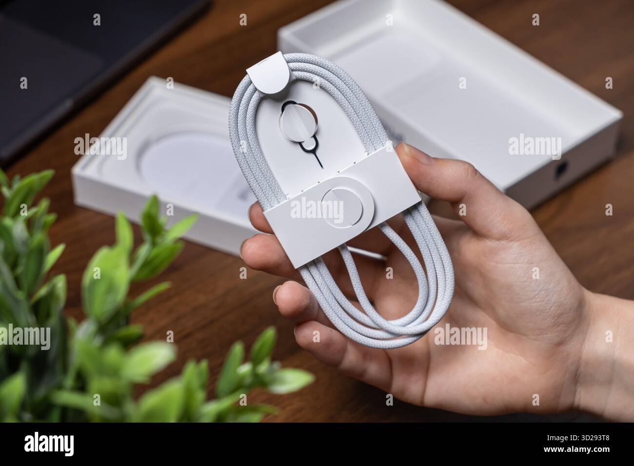 Poznan, Poland - October 16, 2025: A person's hand carefully holds a new Apple light gray braided USB-C charging cable and SIM ejector tool, ready for Stock Photo