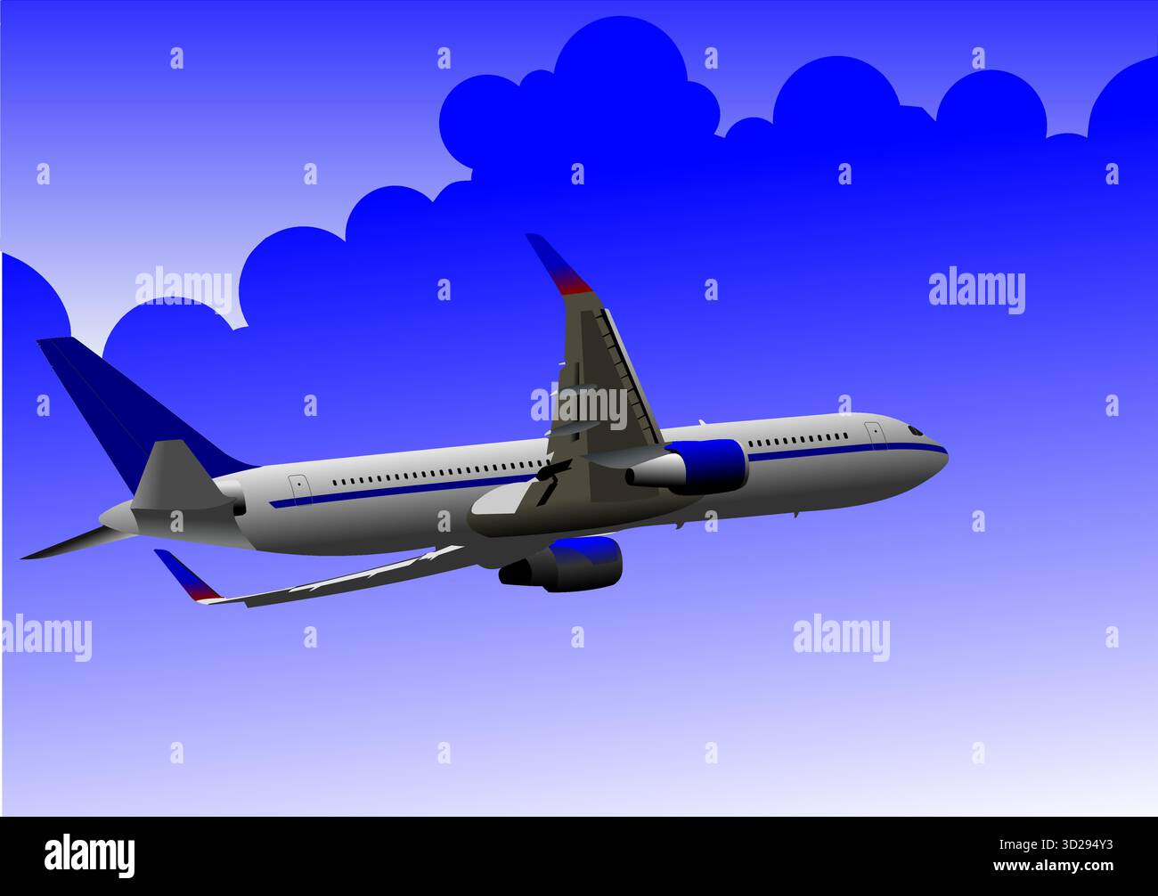Large passenger plane is flying through a bright blue sky with stylized ...