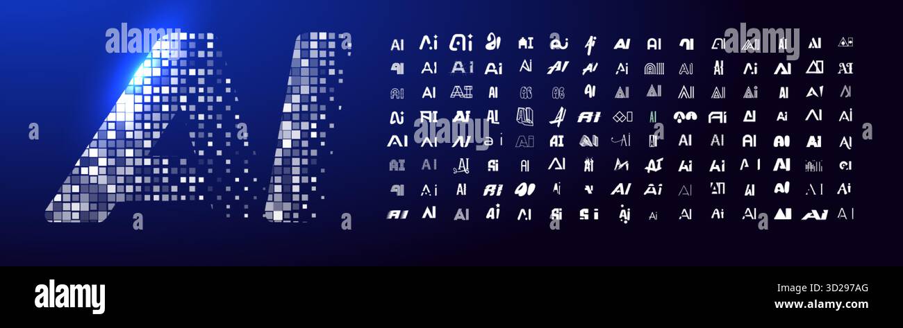 AI Logo Set Artificial Intelligence Icons on Dark Blue Gradient Background for Software Engineering, Cyber Security, Human Computer Interaction, Data Stock Vector