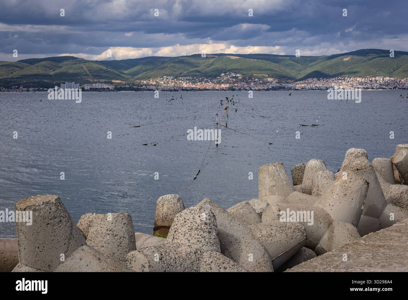 black sea fishing nets Fishing nets seen from Northern port in Nesebar resort on the Black Sea  coast, located in Burgas Province, Bulgaria Stock Photo