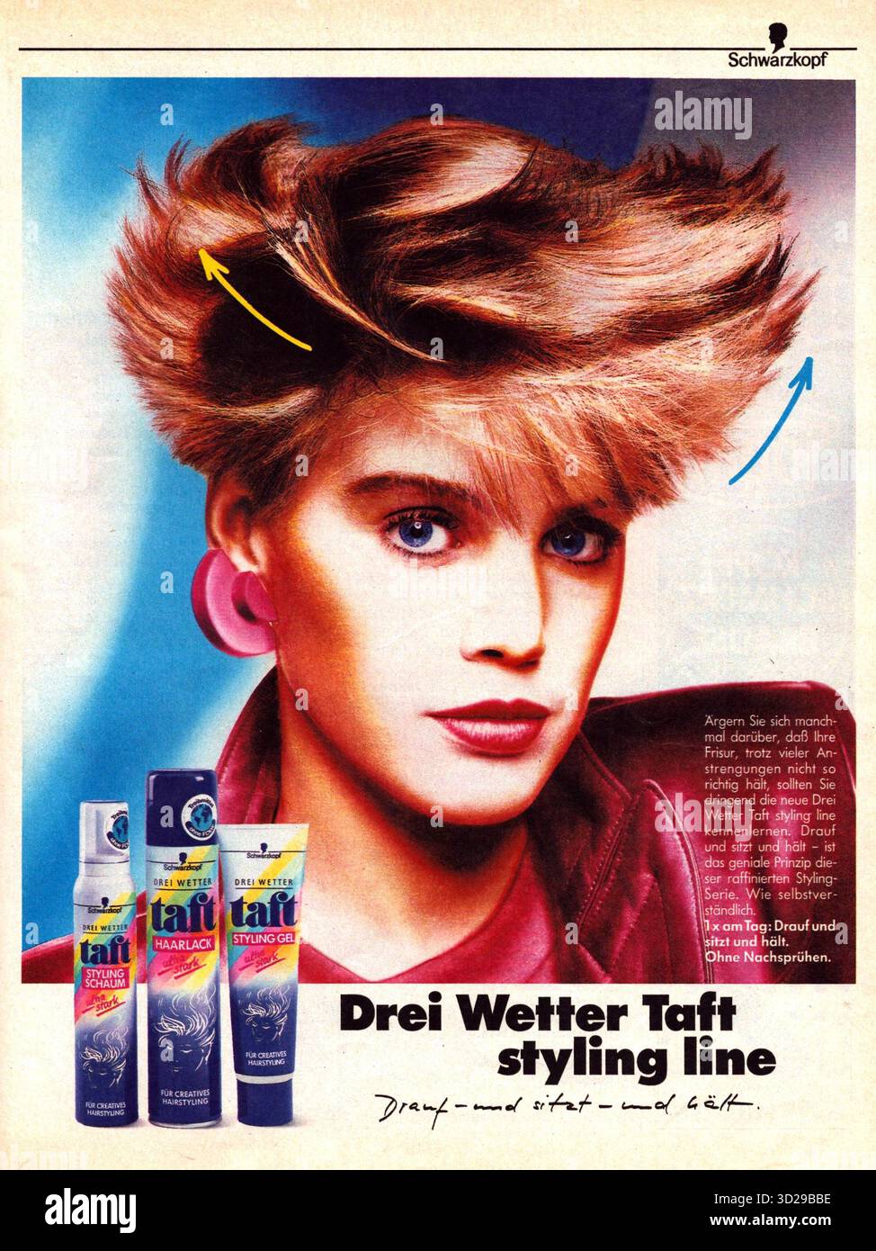 Drei Wetter Taft Schwarzkopf Hair styling products Alte deutsche Pressenanzeige aus den 1970er Jahren, Vintage German magazine advertisement Stock Photo