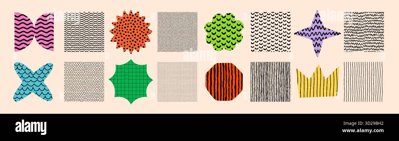 Pattern set with abstract samples. Vector shapes, stars, circles, crown decorated with dots, stripes, grids, and waves. Includes seamless pattern Stock Vector