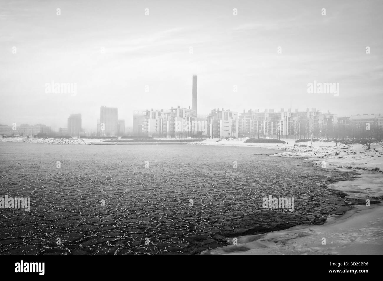 Modern buildings of Eiranranta, Helsinki, Finland in light sea fog in ...